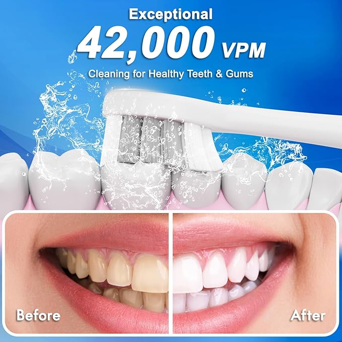 Kuicur Electric Toothbrush, 10 Brush Heads & Travel Case, 42,000 VPM Electric Motor & USB Charging, 5 Modes with Smart Timer, Ultra Whitening Toothbrush for Adults and Kids
