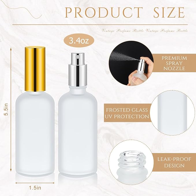 Tessco for you 2 Pcs Glass Spray Bottles Empty Perfume Atomizer Refillable Clear Decorative Empty Bottles with Fine Mist Sprayer Pump for Face Body Travel (Silver,Gold,3.4 oz)