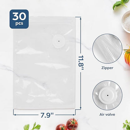 CIARRA BPA Free Reusable Vacuum Sealer Bags 30 Pcs, 8" x 12" Reusable Food Storage Zipper Bags with Air Valve for Sous Vide Cooking Freezer Microwave Heating (30 Count)