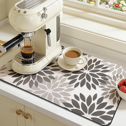 Findosom Floral Dish Drying Mat, 12" x 20" Super Absorbent & Hide Stain Coffee Mat, Cuttable Drying Mat for Kitchen Counter, Under Dish Rack, Coffee Maker, Espresso Machine, Dark Gray