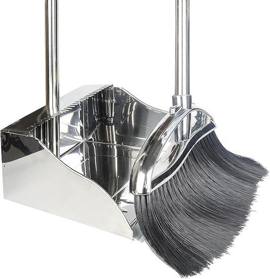 Indoor Broom and Dustpan Comb Set,Heavy Duty Stainless Steel Metal Dust Pan with Long Handle Sweeping Soft Bristles Broom for Floor Home Lobby Office
