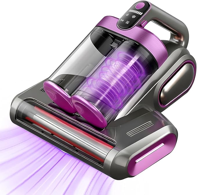 Cordless Double-Cup Mattress Cleaner, 18Kpa Suction 253.7nm UV-C Light & 80000Rpm Rotation Ultrasonic Tech, Portable Handheld Vacuum for Bed/Fabric Sofa/Carpet Cleaning(Purple)