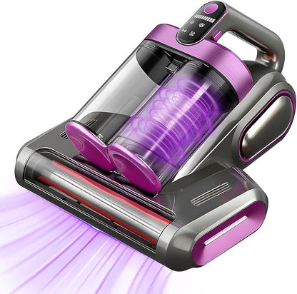 Cordless Double-Cup Mattress Cleaner, 18Kpa Suction 253.7nm UV-C Light & 80000Rpm Rotation Ultrasonic Tech, Portable Handheld Vacuum for Bed/Fabric Sofa/Carpet Cleaning(Purple)