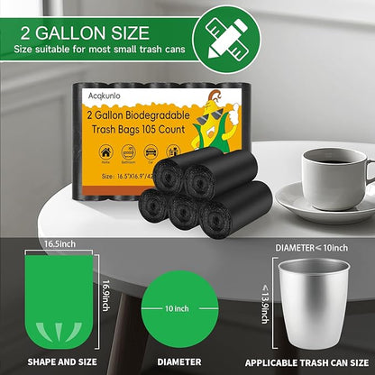 2 Gallon Mini Trash Bag Black-Biodegradable - Small Garbage Bags For Bathroom Can Unscented Compostable 105 Count Little Kitchen Office Car Small Waste Basket Liners Bulk Strong Thick Acqkunlo