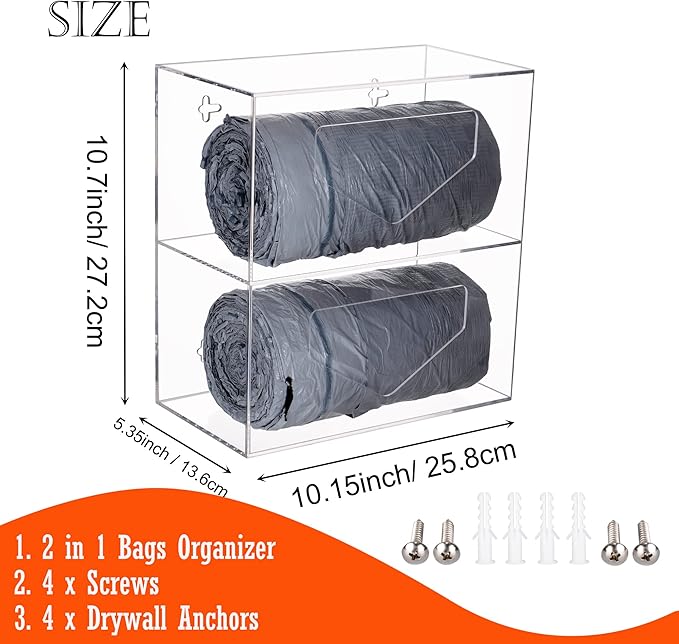 Trash Bag Dispenser with 2 Compartment, Wall Mounted Double Garbage Bag Dispenser Roll Holder Under Sink for Kitchen Cabinet - Acrylic Trash Bag Organizer Dispenser, Clear