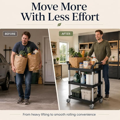 3-Tier Rolling Utility Cart with 2 Locking Brakes, 520 Lbs Heavy Duty 31.5"x15.7"x40.6" Commercial Service Cart, Tangle-Free Silent Wheels for Home, Office, Restaurant, Warehouse, Kitchen