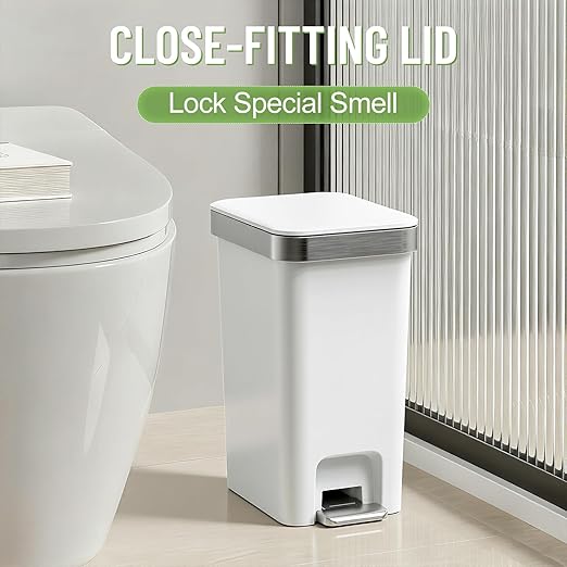 2 Pack Bathroom Garbage Can with Lid, 2.6 Gallon /10 Liter Small Trash can, Press Top Bin & Step Metal Pedal Trash Bin, Mini Waste Basket for Bedroom, Home Office, Toilet, Dorm (Grayish-White)