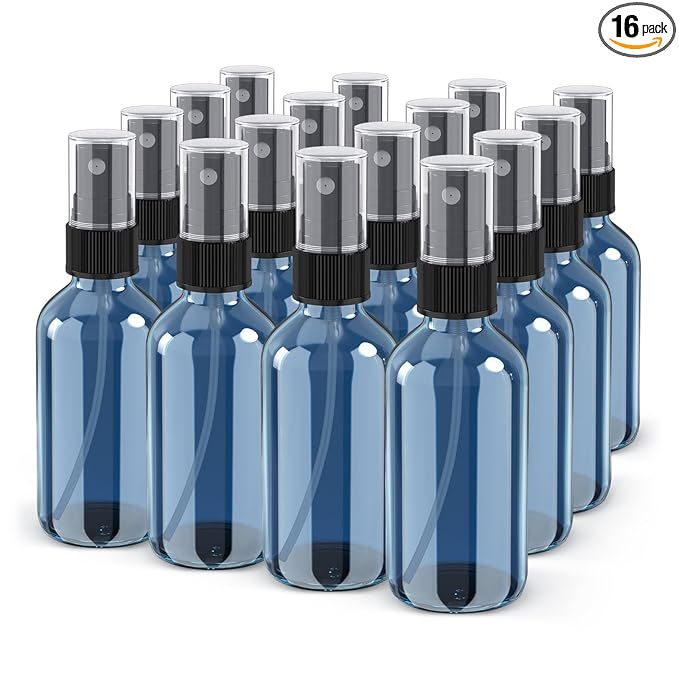 Wedama Spray Bottle, 2 oz Fine Mist Glass Spray Bottles, Little Refillable Liquid Containers for Watering Flowers Cleaning (16 Pack Indigo Blue)