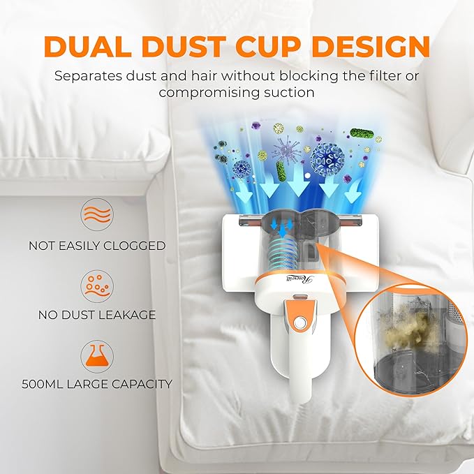 Rosewill Mattress Vacuum Cleaner: UV-C Light & High Heating Tech, 350W 13Kpa Strong Suction, Deep Cleaning Bed Handheld Vacuums for Sofa/Bed/Pet Hair, Corded - Orange