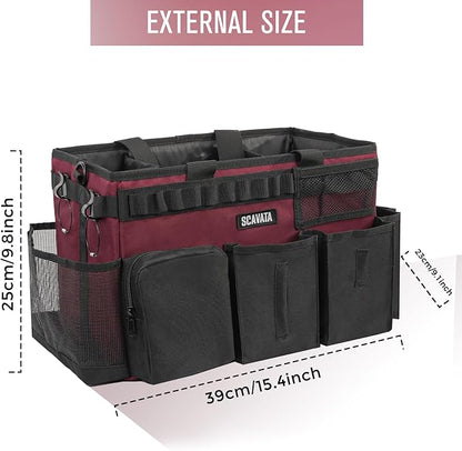 SCAVATA Wearable Cleaning Caddy Bag, Cleaning Caddy Supplies Organizer with Handle & Shoulder Straps for Housekeepers, Under Sink & Car Cleaning Tool Organizers with 4 Foldable Divider (Magenta)