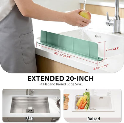 20Inch Silicone Sink Splash Guard with Strong Suction Cups, Flexible Kitchen Sink Splash Guard for Front/Back of Sink, Easy to Clean Splash Guard for Kitchen & Bathroom (Green, 20.5''x2.8'')