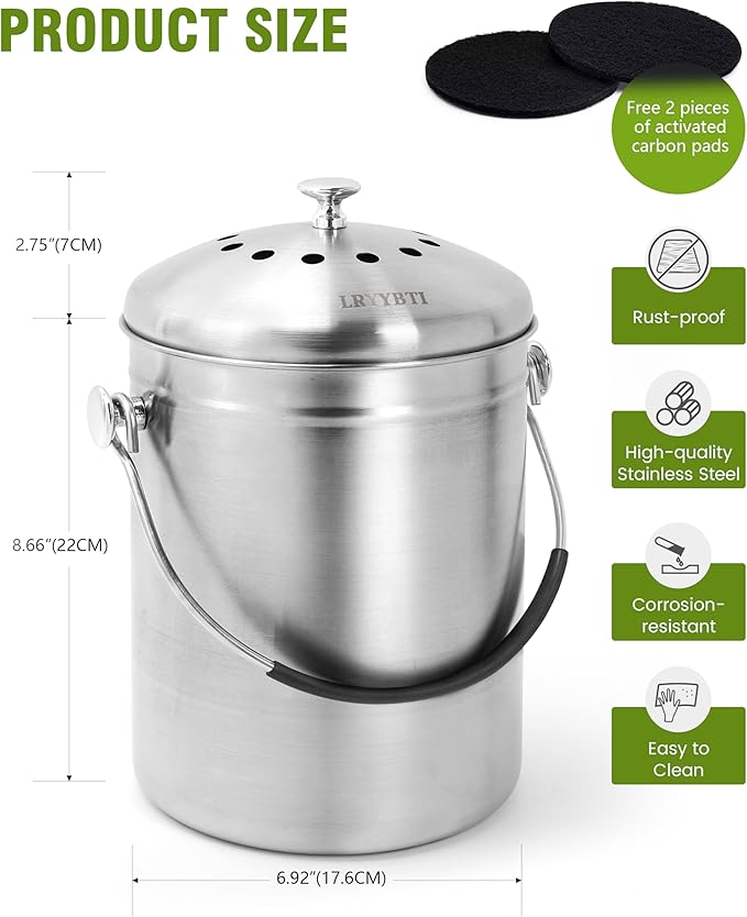 Countertop Compost Bin Kitchen with Lid and 2 Charcoal Filter for Odorless Composting | Stainless Steel Kitchen Composter with Soft-Grip Handle (Silver, 1.3 Gallon)