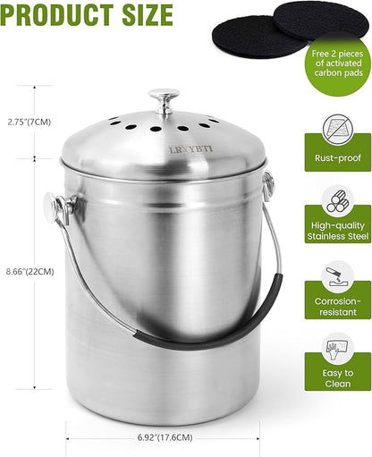 Countertop Compost Bin Kitchen with Lid and 2 Charcoal Filter for Odorless Composting | Stainless Steel Kitchen Composter with Soft-Grip Handle (Silver, 1.3 Gallon)