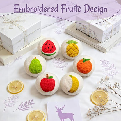 Wool Dryer Balls XL 6 Pack, Reusable Laundry Dryer Balls with Cute Fruit Design, Reduce Drying Time, Soften Clothes, Anti Static, Eco Friendly Dryer Sheets Alternative