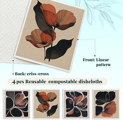 Swedish Dishcloths for Kitchen, Floral Botanical Swedish DishCloths, Papaya Reusable Paper Towels Washable, 4 Pcs Dish Towels for Kitchen Party Home Housewarming Cleaning Cloths