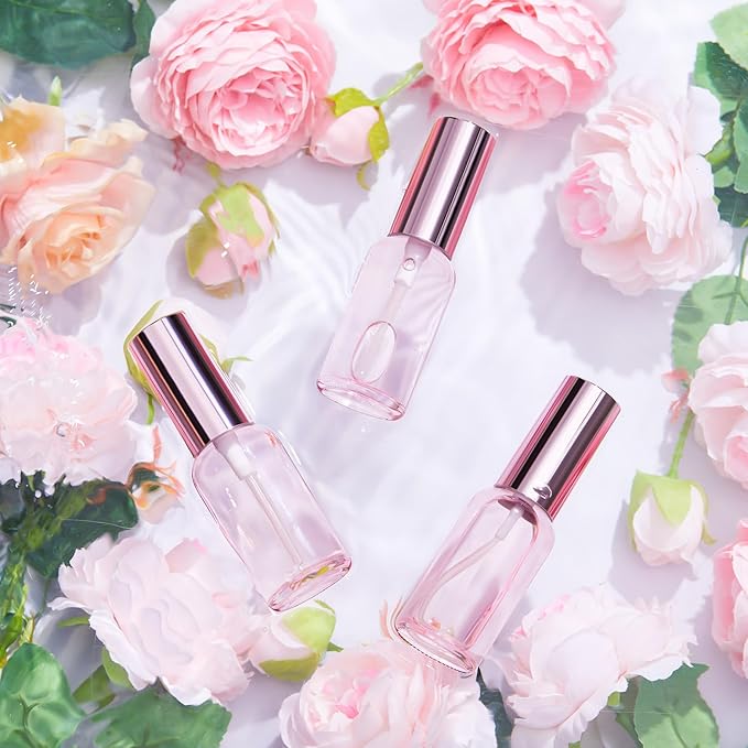 Tessco for you 1 Pcs Glass Spray Bottles Empty Perfume Atomizer Refillable Clear Decorative Empty Bottles with Fine Mist Sprayer Pump for Face Body Travel (Pink,1 oz)
