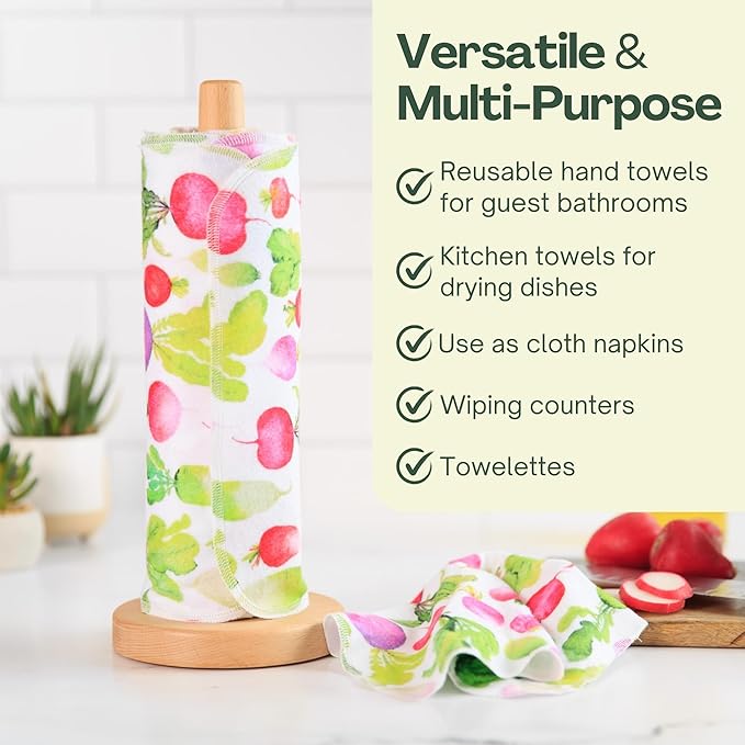 Reusable Paper Towels (12"x10”) - Soft Absorbent 100% Washable Paper Towels - Reusable Paper Towels Washable w/Cardboard Roll - Reusable Napkins (Summer Radish, 12x10inch)