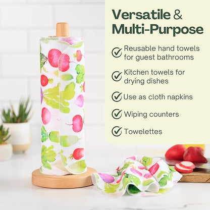 Reusable Paper Towels (12"x10”) - Soft Absorbent 100% Washable Paper Towels - Reusable Paper Towels Washable w/Cardboard Roll - Reusable Napkins (Summer Radish, 12x10inch)