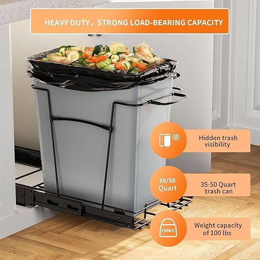 Pull Out Trash Can for Kitchen Cabinets, 35 Qt Under Sink Garbage Bin with Full Extension Slides, Fits 13" W x 18" D Opening Cabinets, Heavy-Duty Black Steel Organizer (Trash Can Not Included)