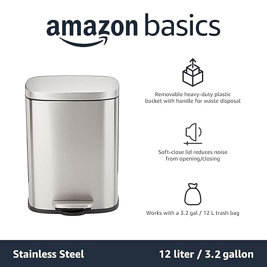 Amazon Basics SMALL Trash Can, 3.1 Gallon (12L), Smudge Resistant Rectangular Bin with Soft-Close Lid, Step Foot Pedal, Removable Inner Bucket, Brushed Stainless Steel, Satin Nickel Finish