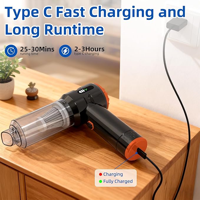 Sycoodeal Handheld Car Vacuum Cleaner, 25000PA Strong Cyclonic Suction Portable Mini Vacuum Cordless with Digital Display Lightweight for Pet Hair, Car, Home, Office, Kitchen (Orange)