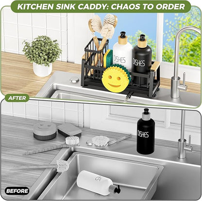 Sponge Holder for Kitchen Sink, Sink Caddy Organizer with Dish Brush Holder, Sink Organizer Rack with Suction Cups, Smiley Face Sponge Caddy Self Drain for Soap Dispenser Storage Accessories