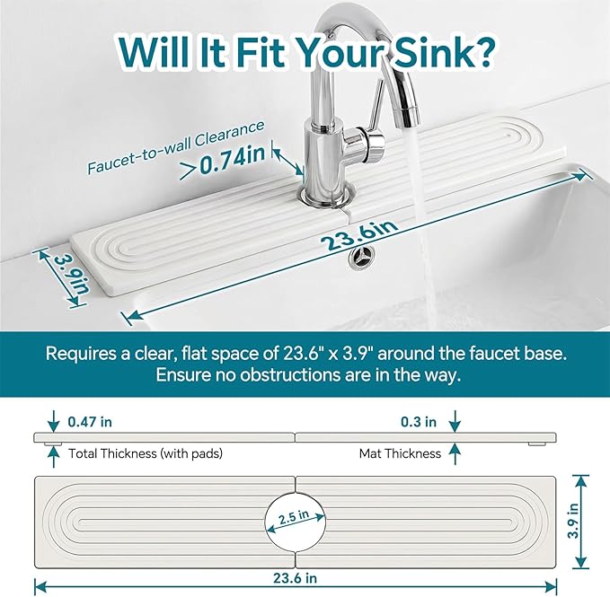 Stone Faucet Mat for Kitchen Sink-Diatomite Drying Stone Mat& Sink Protector,Quick Dry Water Absorbing Stone Tray ,Sink Splash Guard for Kitchen Counter & Bathroom Counter(White, 23.6"X3.9")