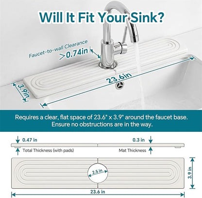 Stone Faucet Mat for Kitchen Sink-Diatomite Drying Stone Mat& Sink Protector,Quick Dry Water Absorbing Stone Tray ,Sink Splash Guard for Kitchen Counter & Bathroom Counter(White, 23.6"X3.9")