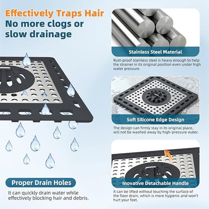 Hibbent Upgraded Shower Drain Hair Catcher for Bathroom Floor 4" Drain, Anti-Clogging Shower Drain Cover, Stainless Steel & Silicone Drain Strainer with Handle, Shower Drain Protector, Dark Grey