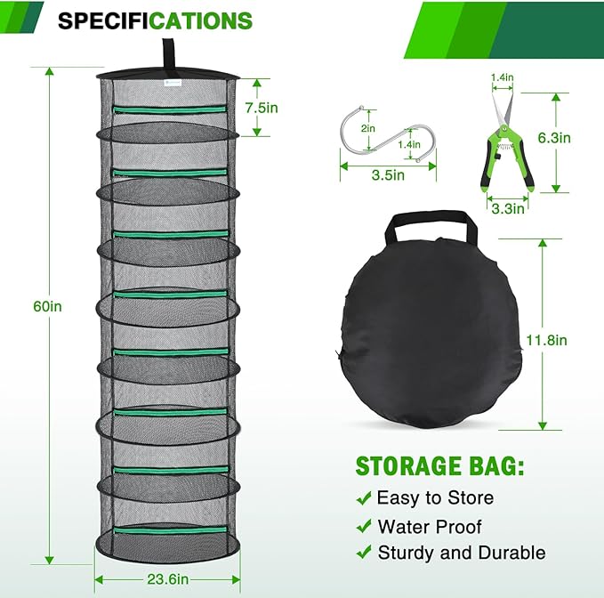 Yesker 8 Layer Herb Drying Rack Hanging Mesh Net Foldable Plant Drying Racks 24" w Green Zipper Pruning Shears Hook Dryer Hanging Rack for Herbs Seed Bud Fruit Clothes Grow Tent Closets Garden Outdoor