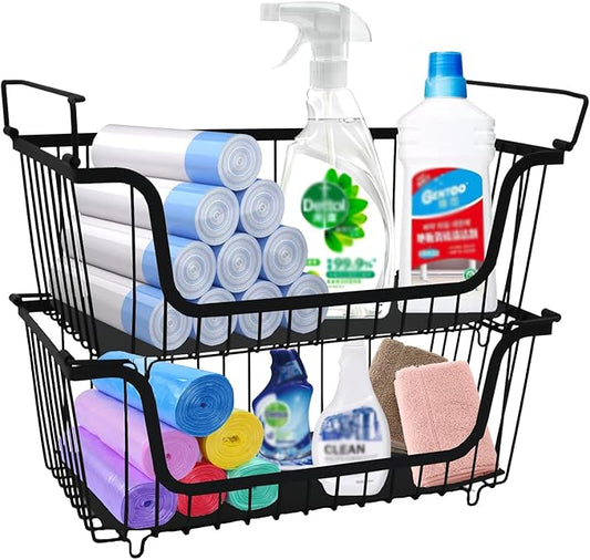 2 Pack Cleaning Supply Caddy and Trash Bag Holder Stand Set,Stackable Wire Storage Baskets,Under Sink Organizer,Cleaning Products Storage Organizer with Handles for Bathroom, Bedroom,Kitchen