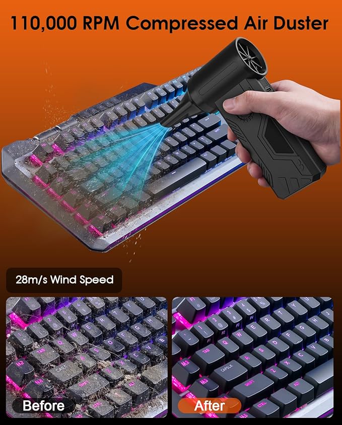 Superpower Compressed Air Duster-110000RPM Cordless Electric Air Duster, 5200mAh, 15W Fast Charging, 4 Speeds Mini Air Blower, Durable Clean Duster for PC, Keyboard, House, Outdoor and Car