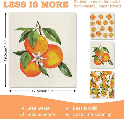Whaline 6Pcs Orange Swedish Dishcloth Citrus Fruit Pattern Cotton Kitchen Towel Summer Absorbent Dish Towels for Party Home Housewarming Cleaning Counter Wipe, 7 x 8 in