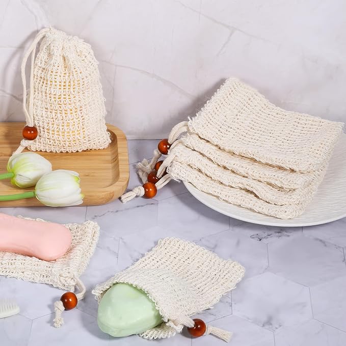 50 Pcs Soap Saver Bag, 5.5 × 3.5 Inch Natural Cotton Linen Soap Pouch Mesh Exfoliating Hand Made Soaps Savers with Drawstring for Bath, Shower, Massaging