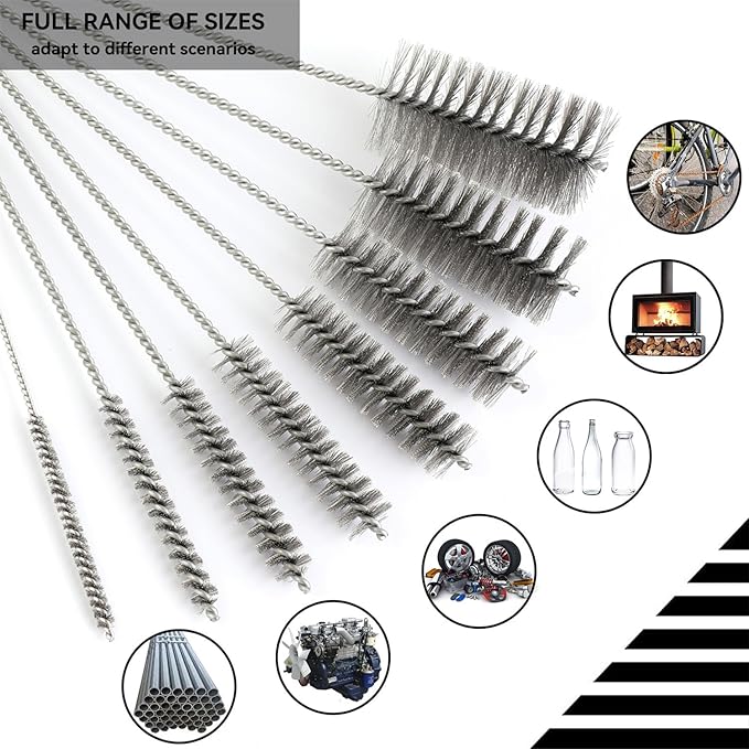 12 Inch Pipe Cleaning Brush Set with Stainless Steel Bristles, Steel Wire Tube Brush Kit for Auto Parts Polishing, Machining, Bottles, Tubes, Etc.（10mm-2pcs）
