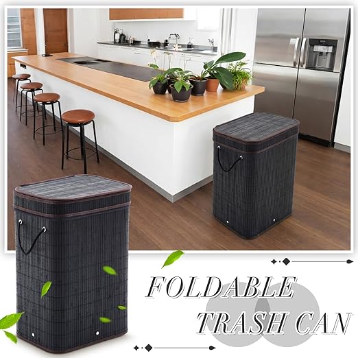 2 Pack 21 Gallon Bamboo Slim Trash Can with Lid Large Foldable Slim Rectangular Garbage Can Laundry Basket Bamboo Waste Basket for Bathroom Bedroom Office Home Salon Spa (Black)
