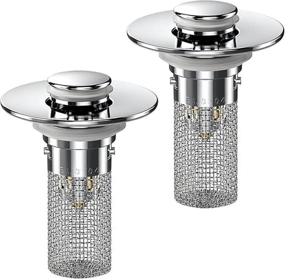 2PCS Bathroom Sink Stopper Hair Catcher, Pop Up Sink Drain Stopper with Strainer & Filter, Universal Drain Plug for Sink Drain & Replacement, Sink Drain Cover with Basket for Bathroom Stopper