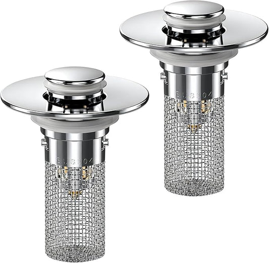 2PCS Bathroom Sink Stopper Hair Catcher, Pop Up Sink Drain Stopper with Strainer & Filter, Universal Drain Plug for Sink Drain & Replacement, Sink Drain Cover with Basket for Bathroom Stopper