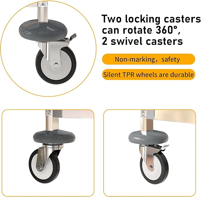 uyoyous 3 Tier Stainless Steel Utility Cart, 360° Rotation Wheels & 400 lbs Capacity, Commercial Serving Cart Heavy Duty Rolling Cart for Kitchen Hotel Restaurant Home, 30" L x 16" W x 33" H
