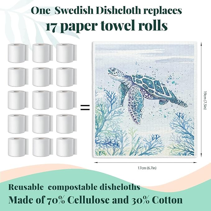 Ocean Beach Swedish Dishcloths for Kitchen, 4 Pack Ocean Summer Gifts Swedish Dish Cloths Towels for Kitchen Bathroom Office Housewarming Gifts, Papaya Reusable Paper Towels Washable
