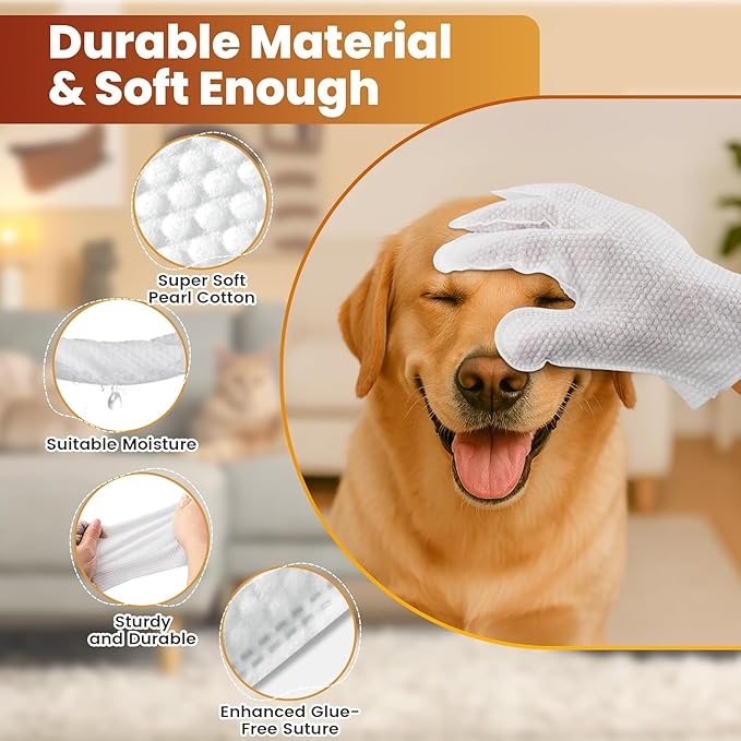 Thick Pet Glove Wipes for Dog & Cat Unscented, Cleaning & Deodorizing Grooming Gloves Wipes, No-Rinse Grooming Wipe for Daily Care and Travel, Ears Face Paws Butt Clean,Hypoallergenic&Gentle