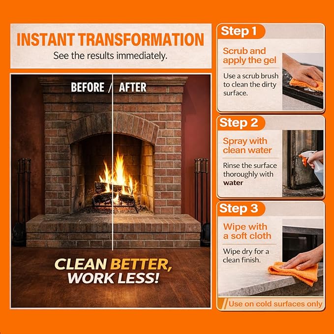 Fireplace Cleaning Set Fireplace Soot Remover with Scrub Brush for Brick, Stone, Rock, Tile, and Marble – Nonabrasive Brick Cleaner, Gentle Formula for Bricks & Glass Indoor and Outdoor -16.91 oz
