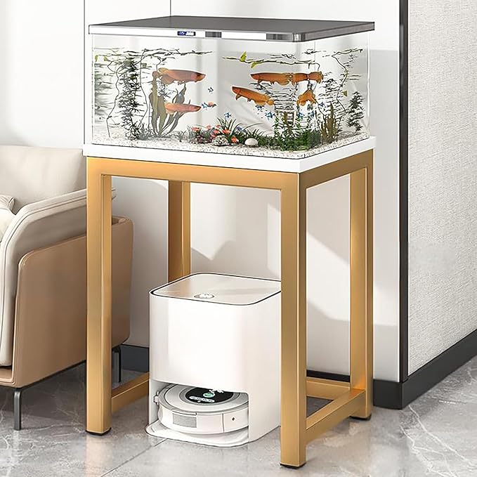 Storage Rack Above The Sweeping Robot,Robot Vacuum Stand Cabinet,Entryway Hallway Double-Tier Robot Vacuum Cleaner Shelf,Steel Frame with Wooden Top,Small End Tables for Bathroom(White/Gold,60x40/23.6