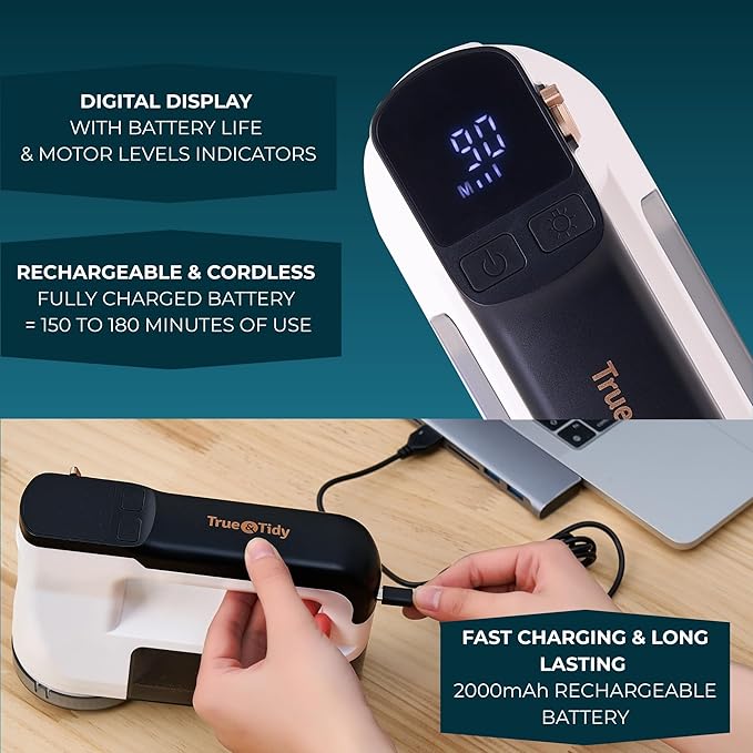 True & Tidy LED Turbo Fabric Shaver | Cordless Lint Remover with Digital Display & 3 Speeds – Perfect for Clothes, Couch & Furniture Defuzzing, White