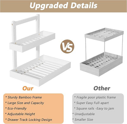 Bamboo Under Sink Storage 2 Tier Pull Out Cabinet Organizer Slide Out Under Sink Storage Shelf Undersink Organizers Shelves for Kitchen Bathroom Organization (White, 2 Packs)