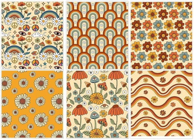 Whaline 6 Pack Retro Floral Swedish Dishcloths Vintage Boho Rainbow Flower Cotton Kitchen Towel Reusable Washable Dish Towel for Counter Cleaning Baking Cooking, 6.9 x 7.7 Inch