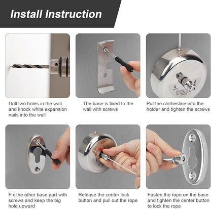 Catcan Retractable Clothesline, Stainless Steel Round Clothes Line Retracting Indoor for Hotel, Bathroom, Laundry with 10 PCS Metal Clothespins Adjustable Rope Shower Clothing Line(9.2FT Nylon String)