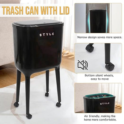 XPIY 4 Gallon Trash Can with Wheels and Lid, Modern Narrow Garbage Can with Raised Legs, Space-Saving Rolling Dog-Proof Trash Bin for Bathroom, Kitchen, Bedroom, Office (1, Black-1)
