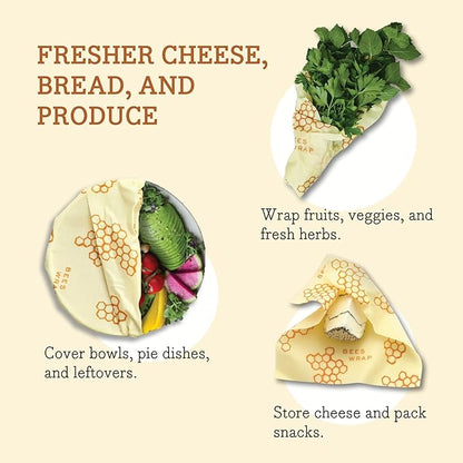 Bee's Wrap Beeswax Wraps for Food - Pack of 5 Assorted Wraps - 3 Medium & 2 Large Food Storage Bags - Meadow Magic & Honeycomb - Plastic Free Made in USA Reusable Kitchen Storage Bags