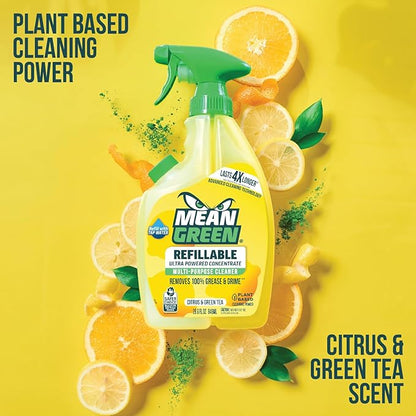 Mean Green Refillable Ultra Powered Multi-Purpose Cleaner Concentrate, Citrus & Green Tea, 14.3 fl oz – Plant & Mineral Based, Cuts Through Grease & Grime, Refillable Bottle Makes 4X Refills